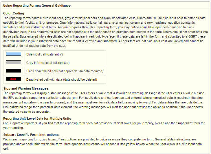 general guidance on how to enter data into the Subpart W